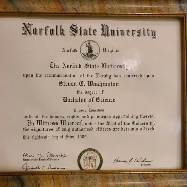 Steven C. Washington’s Bachelor of Science diploma from Norfolk State University