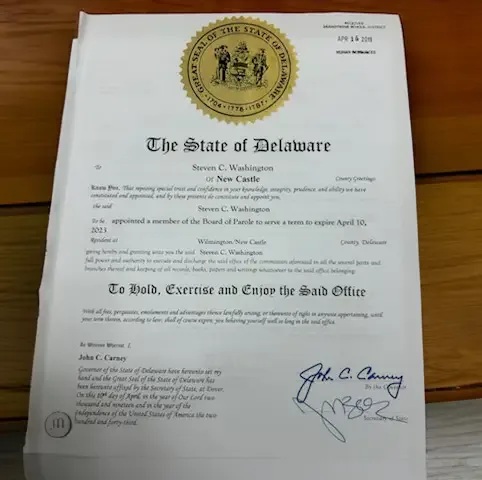 State of Delaware certificate appointing Steven C. Washington to the Board of Parole